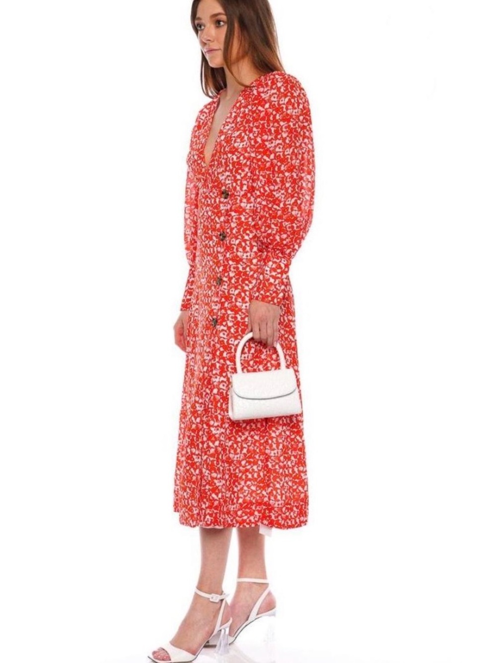 new Ganni Red White Floral Midi Dress Puff Sleeve Button Detail Size 40 - Picture 2 of 10